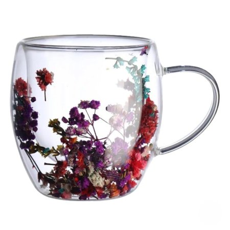 كوب قهوة زجاجي مزدوج الجدار مزخرف بزهور مجففة