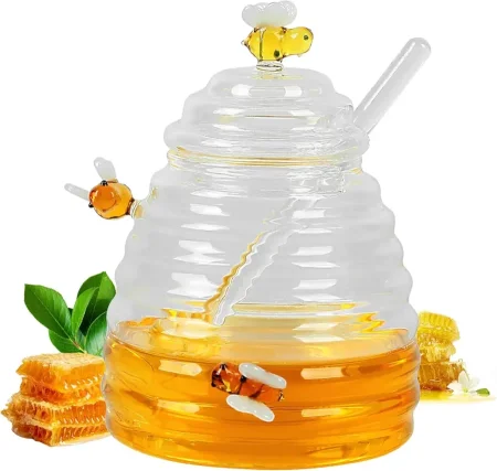 برطمان عسل زجاجي مع ملعقة وغطاء