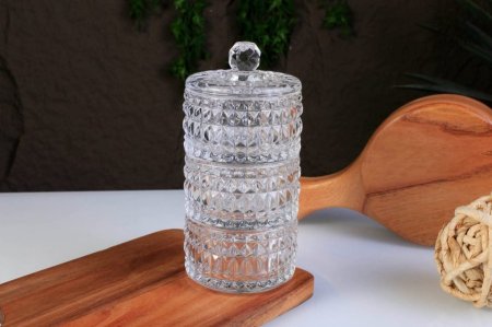 وعاء حلوى زجاجي بتصميم ماسي كريستالي مع غطاء