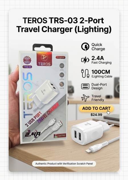 شاحن  Teros TRS-03 هو شاحن  مصمم لشحن الأجهزة الإلكترونية بسرعة وكفاءة