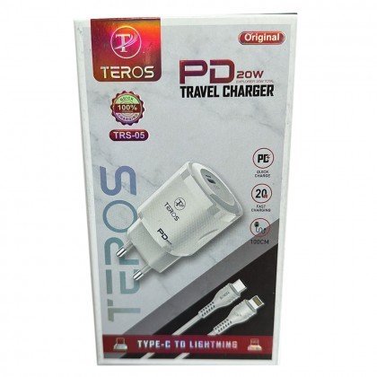 شاحن جداري ماركة Teros طراز TRS-05 بقدرة 20 واط، يأتي مع كابل Type-C إلى Lightning بطول 100 سم